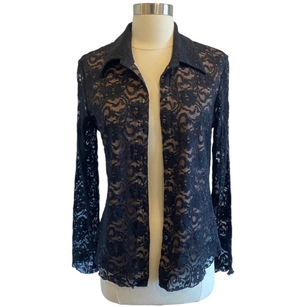 Mesh Lace Long Sleeve Button Down Blouse